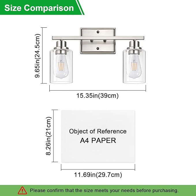 Unicozin 2 Light Bathroom Light Fixtures, Modern Vanity Lights Over Mirror, Brushed Nickel Wall Lamp with Clear Glass for Living Room Cabinet Bedroom Porch