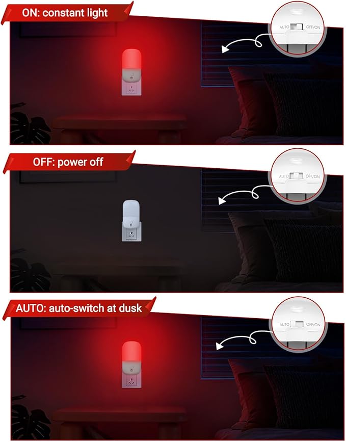 670nm Red Night Lights with Retractable Plug [2 Pack] - 0.5W Red Light Night Light with Dusk to Dawn Sensor - Auto On/Off LED Night Light Plug into Wall Pefect for Bedroom, Bathroom, Hallway
