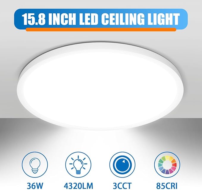 Allsmartlife LED Flush Mount Ceiling Light Fixture 1 Pack, 15.8 inch 32W 4320lm Flat Ceiling Light, 3000K/4000K/6500K, Round Ceiling Light Fixture for Bedroom, Living Room, Kitchen