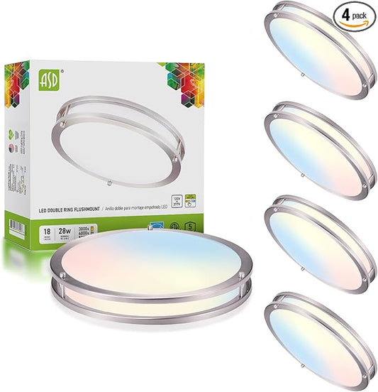 ASD LED 18" Round Flush Mount Lighting, Close to Ceiling Light Fixture | 3CCT, Dimmable, Energy Star, ETL Listed | 28W 2744LM 3000-5000K 100-277V | Low Profile Double Ring Lamp | Nickel, 4 Pack