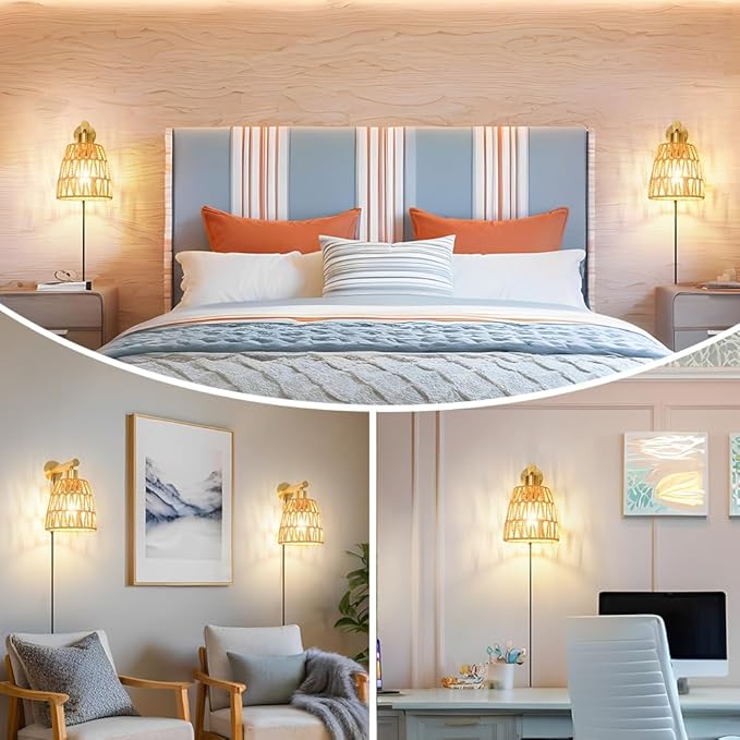 Boho Plug in Wall Sconce Set of 2, Gold Plug Sconces Set of 2, Rattan Sconce Light Fixture with 5.9FT On/Off Switch Cord, Farmhouse Wall Mounted Light for Bedroom Living Room Reading Hallway