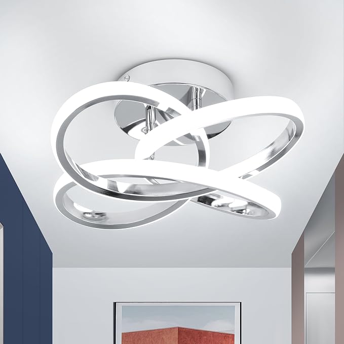 EIDISUNY Modern Led Ceiling Lights, 11.8in Chrome Curved Hallway Ceiling Lights Fixtures, 26W Flush Mount Ceiling Light for Bedroom Kitchen Bathroom Entryway Balcony Stair - Cold White Light 6000K