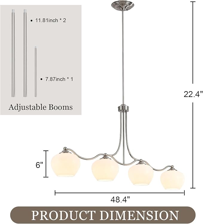 4-Lights 22.4" Brushed Nickel Pendant Light for Kitchen Island with Milk White Glass Lampshade,Adjustable Height Modern Dining Room Chandeliers Chrome Silver Hanging Ceiling Lighting Over Table