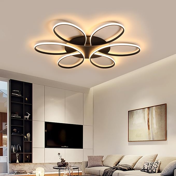 Modern LED Ceiling Light Fixture Black Flush Mount Ceiling Lamp with Remote Control Dimmable 6 Rings Flower Shaped Ideal for Living Room Bedroom Dining Room Kitchen(60CM/23.6IN)