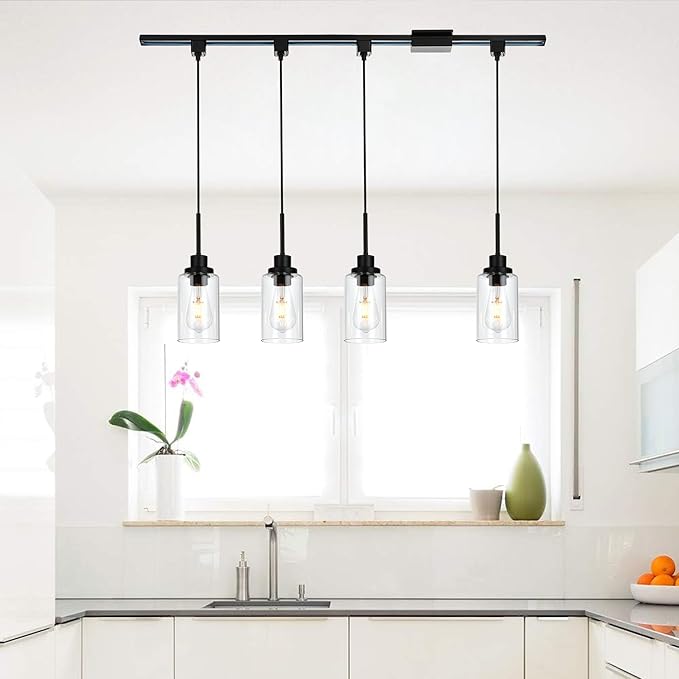 MELUCEE 4 Pack H Type Track Pendant Lighting Black Ceiling Track Hanging Light Fixtures Pendant with Clear Glass Shades, Compatible with H Type Track Lighting Rail, E26 Socket