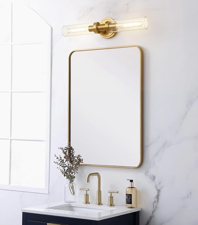 SANTOSTOCK Brushed Gold Bathroom Vanity Light Fixture, 2-Light Modern Wall Sconce Lighting W/Clear Glass, Brass Wall Mount Lamp for Mirror Hallway Kitchen Living Room, E26 T10 Bulbs(Excluded)
