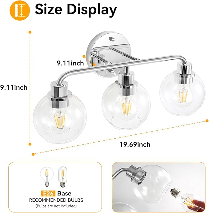 Bathroom Light Fixtures Chrome Vanity Light Silver 3 Light Modern Wall Sconces Lighting Bathroom Lights with Globe Glass Shades Bath Wall Lights Wall Lamp for Mirror Kitchen Living Room Hallway