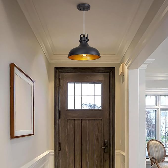 Black Farmhouse Pendant Lights Matte Pendant Lighting for Kitchen Island Industrial Adjustable Height Vintage Dome Hanging Light Fixtures for Barn, Dining Room 2 Packs