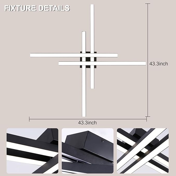 JAYMP 43.3" Modern Ceiling Light with Remote, Black Sputnik Ceiling Lamp, 64W Dimmable LED Lighting Fixture for Dining Room, Living Room, Kitchen Island, 4 Lights