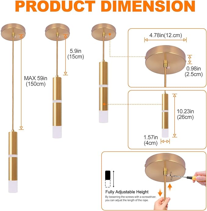 2 Pack Modern Pendant Light, 7W LED Kitchen Island Light Light-Luxury Brass Cylindrical Hanging Lamp Long Tube Pendant Lights for Dining Room Living Room Sloped Ceiling (3000K)