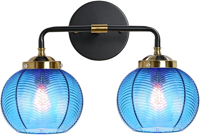 Bathroom Light fixtures Over Mirror Mid Century Vanity Light with Blue Ribbed Glass Shade Globe Wall Sconce 2-Lights Modern Vanity Lights for Dining Room Bedroom Hallway Overhead
