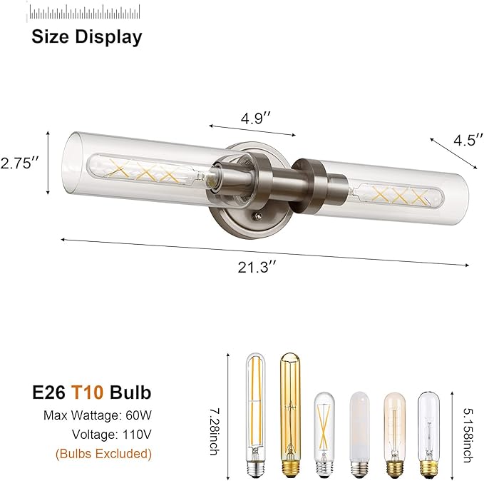 SANTOSTOCK Brushed Nickel 2-Light Bathroom Vanity Light Fixture, Modern Bathroom Sconces Wall Lighting W/Clear Glass Shade, Horizontal and Vertical Wall Mount Lamp for Mirror Hallway Kitchen