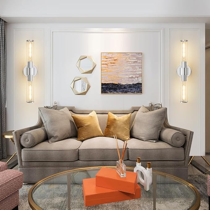 Chrome Wall Sconce, Bathroom Light Fixtures in Clear Glass Indoor Wall Sconces, Modern Sconce Wall Lighting Up and Down Vanity Lights Fixtures for Bathroom,Living Room - Bulb Not Included