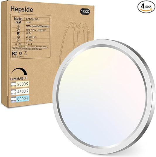 hepside 1PACK Flush Mount LED Ceiling Light Fixture Brushed Nickel, 12Inch 28W, Dimmable 3000K-4500K-6000K 3 Color Selectable Ceiling Lamp 3200LM Low Profile Ceiling Light for Kitchen Bedroom Hallway