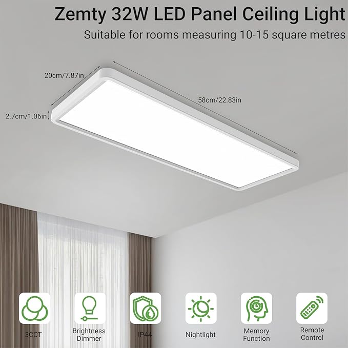 zemty LED Flat Panel Light with Remote 22.8x7.8 Inch, 32W 3500LM 3000K-6500K Adjustable Color Temperature, Dimmable Flush Mount Ceiling Light Fixture for Kitchen Bedroom Garage