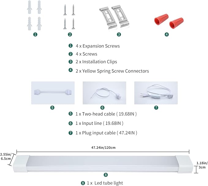 KUKUMAO Utility LED Shop Lights Fixture with Plug 4FT 5000K 36W 3600LM Linkable Waterproof Closet Light Under Cabinet Light Ceiling Tube Light for Garage Kitchen Bathroom Workbench and Office