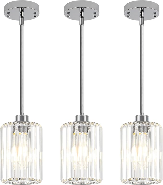 3 Pack Chrome Pendant Lights Kitchen Island, Modern Crystal Kitchen Pendant Lighting Over Island Adjustable Hanging Dining Room Light Fixtures Mini Pendant Light for Bathroom Hallway Bedroom Foyer