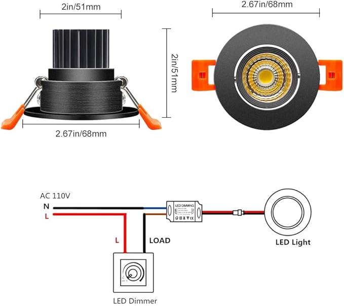 inShareplus 2 Inch LED Downlight, 3W Recessed Lighting COB Dimmable, 3000K Warm White, CRI80, Black Trim, Ceiling Lights with LED Driver, 1 Pack