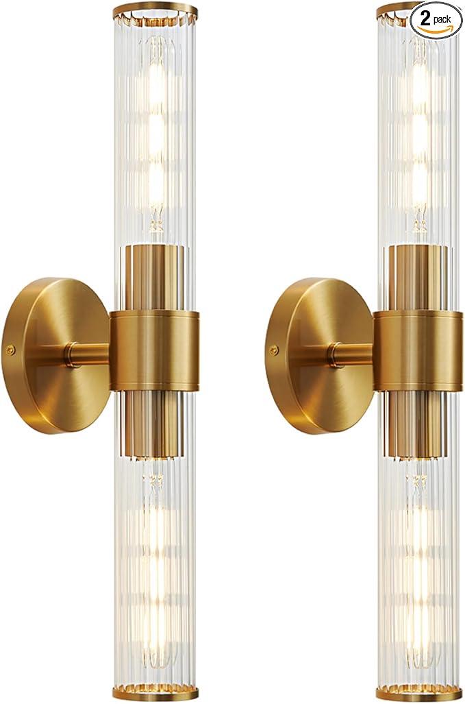 Gold Bathroom Light Fixtures 2 Pack, Vanity Lights for Mirror with Threaded Glass Shade, 20 Inch Up and Down Wall Sconces for Bathroom Bedroom Living Room Hallway - Bulb Not Included
