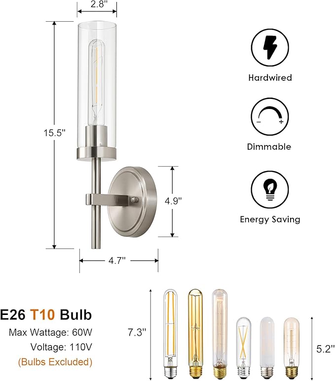 SANTOSTOCK Brushed Nickel Hardwired Wall Sconces Set of 2, Modern Bathroom Sconces Vanity Light Fixture, Farmhouse Wall Mount Lamps for Mirror Living Room Bedroom Hallway