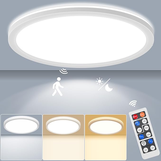 LEZOE 24W Motion Sensor LED Ceiling Light dimmable with Remote, 2400lm 12Inch 3000K/4000K/6500K Flush Mount Ceiling Lighting Fixture, Radar Sensor Lamp for Hallway Laundry Porch Stair Closet White