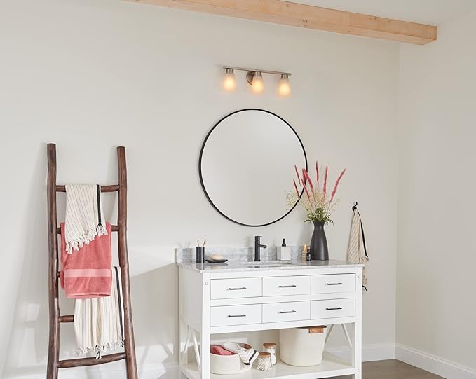 Kichler Stamos 3-Light Bathroom Vanity Light Fixture with Satin Etched Glass Shades, 22 in Modern Wall Mount Light in Brushed Nickel for over Mirror (22 in x 5 in x 8 in), 55121NI