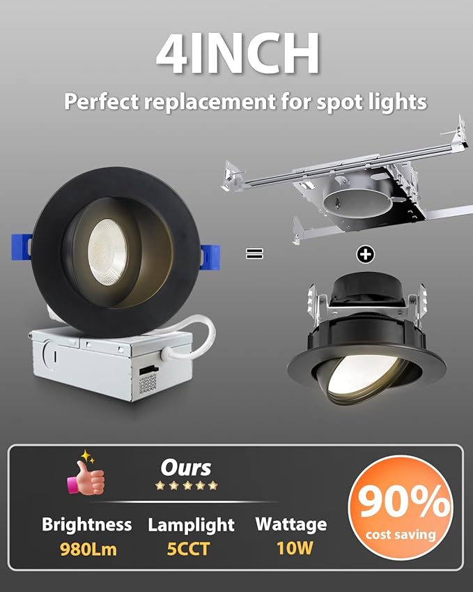 Adetu 4 inch 5CCT Gimbal Black Led Recessed Lights, 360°+90° Adjustable Directional Recessed Lighting, 2700K/3000K/3500K/4000K/5000K Dimmable Eyeball Canless Downlight with Jbox, ETL (Black, 4 Pack)