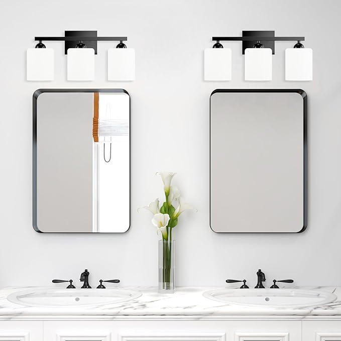 Quntis Black Bathroom Light Fixtures Over Mirror 5 Colors Adjustable, 3 Lights LED Bathroom Vanity Lighting with Milky White Frosted Glass Shade, Energy-Saving LED Vanity Light 18.9 inch