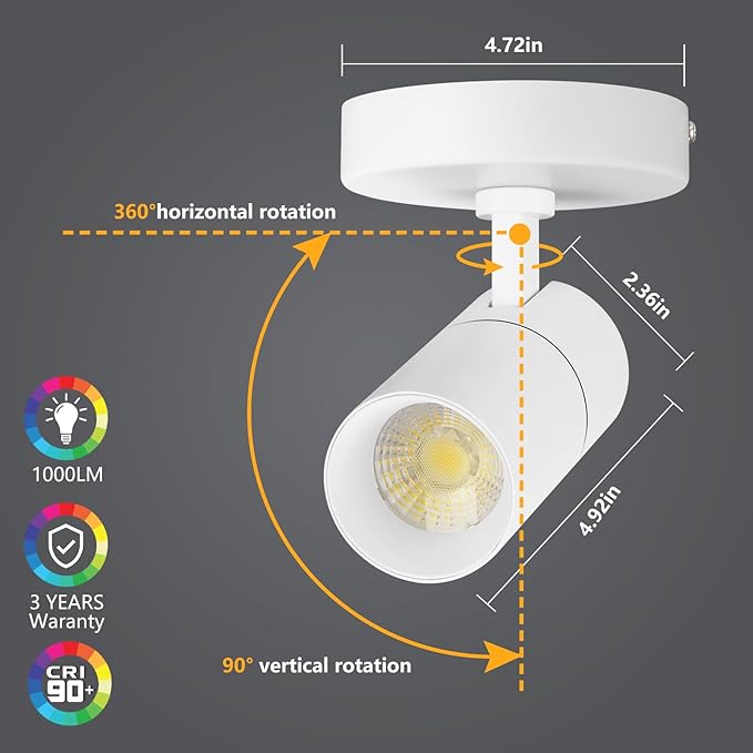 VANoopee 3-Color Dimmable LED Ceiling Spotlight Flush Mount Adjustable Spotlight Directional Spot Lights Indoor Bright Accent Fixture for Living Room Bedroom - CRI90 36° Flicker Free 10W 1000lm White