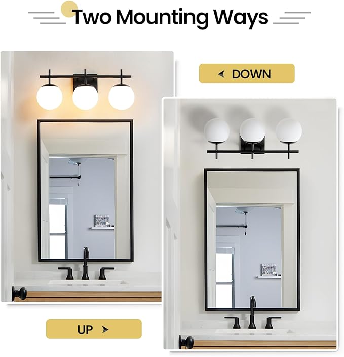 AIJIASI Black Bathroom Vanity Light, 3-Light Bathroom Lighting Fixtures Over Mirror with Milky White Globe Glass Shade, Mid Century Modern Vanity Lights Fixture Over Mirror 22.4 Inch