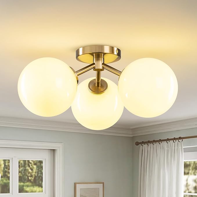 Green Semi Flush Mount Ceiling Light Fixture, 3 Light Opal Glass Globe Mid Century Modern Light Fixtures for Bedroom,Entryway,Hallway,Living Room,Kithcen,Dining Room