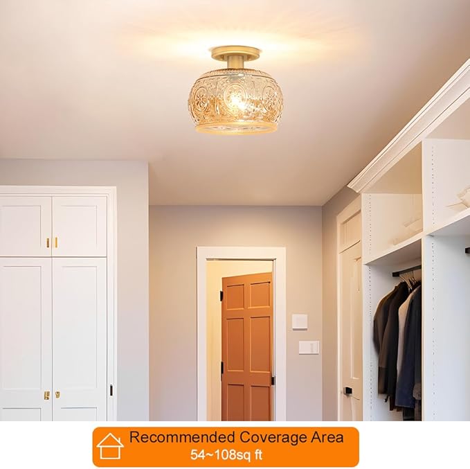 Brushed Brass Semi Flush Mount Ceiling Light with Amber Globe Glass Shade, Modern Hallway Lighting Fixtures, Vintage Ceiling Light for Kitchen, Bedroom, Closet, Entryway, Porch