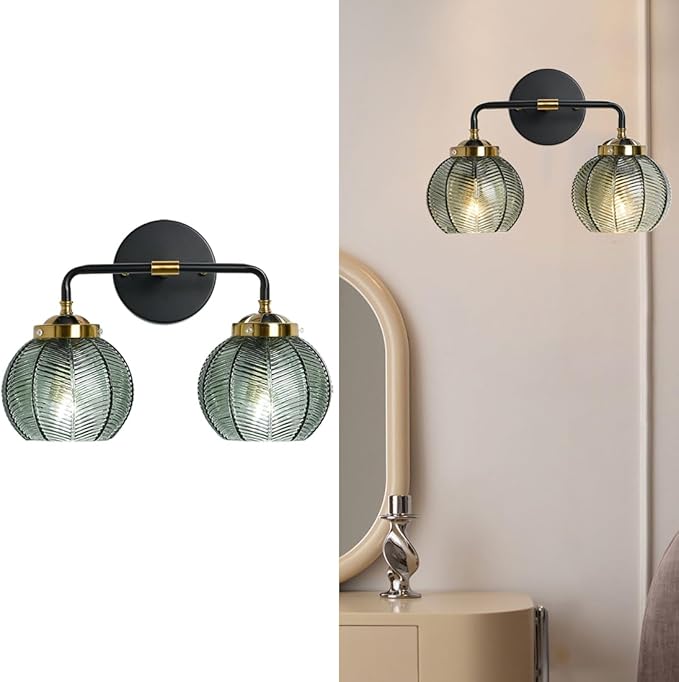 Glass Wall Sconce 2 Light Bathroom Vanity Light Green Globe Wall Lamp with Ribbed Glass Shade Mid Century Modern Wall Sconces Black Gold Vanity Light for Over Mirror Bedroom Hallway