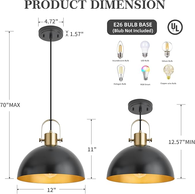 12 Inch Farmhouse Pendant Lights, Black Pendant Lighting for Kitchen Island, lndustrial Adjustable Height Hanging Light for Barn, Dining Room, 2 Pack