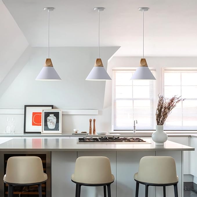 Modern Pendant Lights Kitchen Island,Solid Wood Matte White Ceiling Hanging Lamp,Pendant Lighting for Dining Room Coffee Bar (White-2 Pack)