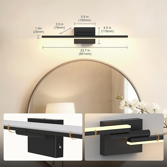 L LOHAS LED 23.7-Inch Bathroom Vanity Light Bar Over Mirror, 180° Rotatable Black Modern Bathroom Light Fixtures, 3CCT Adjustable LED Vanity Lights for Living Room Wall