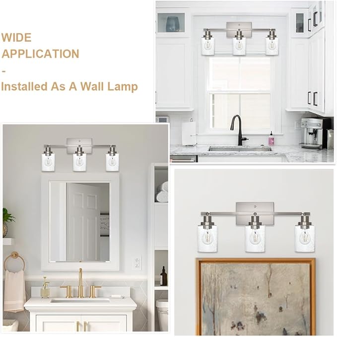 3-Light Rotatable Track Lighting Kit, Brushed Nickel Semi Flush Mount Ceiling Light Vanity Lighting Fixtures Spotlight, Seeded Glass Shades