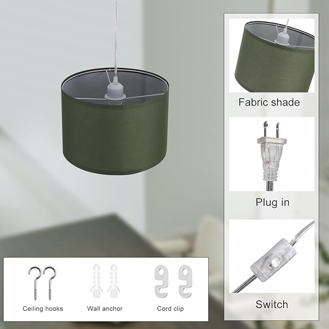 2 Pack Plug in Pendant Light, Hanging Light with 15Ft Clear Cord, On/Off Switch, Light Green Fabric Lamp Shade, Hanging Light Fixture for Bedroom, Kitchen