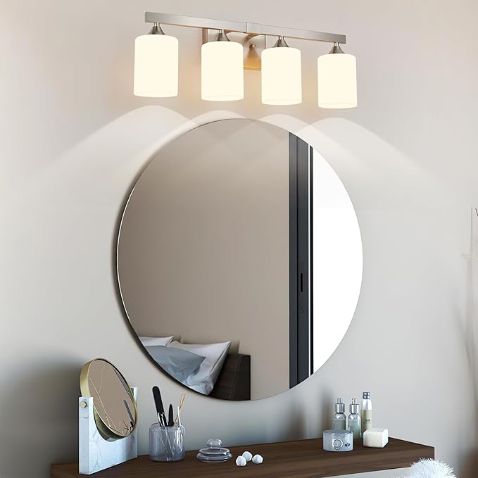 ZHU YAN Brushed Nickel Vanity Lights,4-Light Bathroom Light Fixtures,Milky White Glass Shades Wall Lamp,E26 Socket Vanity Lights Fixtures,Bathroom Lighting Fixtures Over Mirror