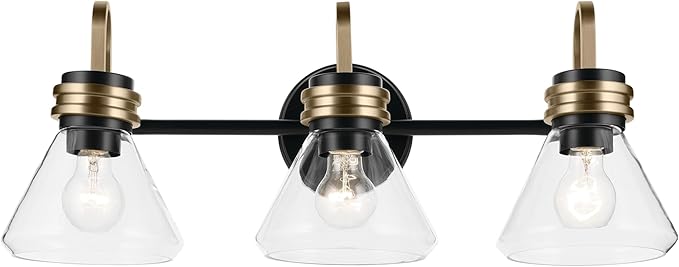 Kichler Farum 26" 3-Light Bathroom Vanity Light Fixture with Clear Glass in Black, Modern Wall Mount Over Mirror for Single or Double Vanity, Powder Room (26" x 9.5" x 9.5"), 55155BKCLR