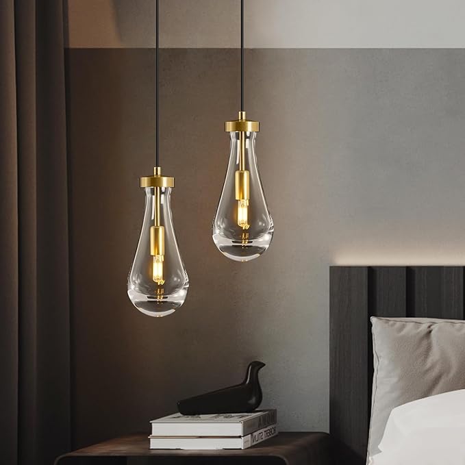 Raindrop Pendant Lights Kitchen Island: 2 Raindrops Crystal Light Fixtures - Gold Brass Teardrop Chandelier Lighting over Dining Table - Modern Glass Tear Drop Ceiling Pendants Light Bulb Not Included