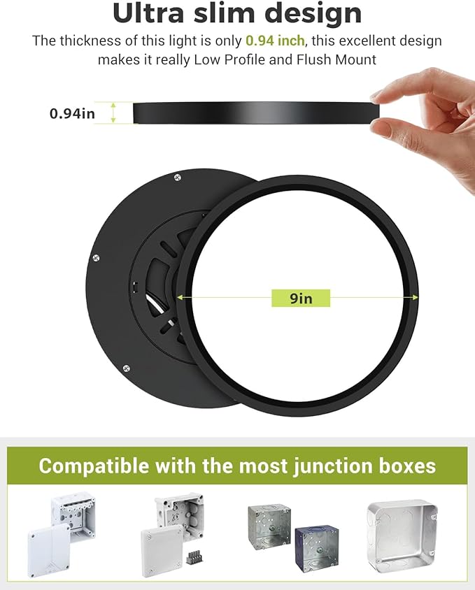 2PACK LED Flush Mount Ceiling Light Fixture Black, 9Inch 24Watt, 3000k/4500k/6000K Ceiling Light, Ultra Slim Flush Mount LED Ceiling Lamp for Bedroom, Living Room, Kitchen, Hallway