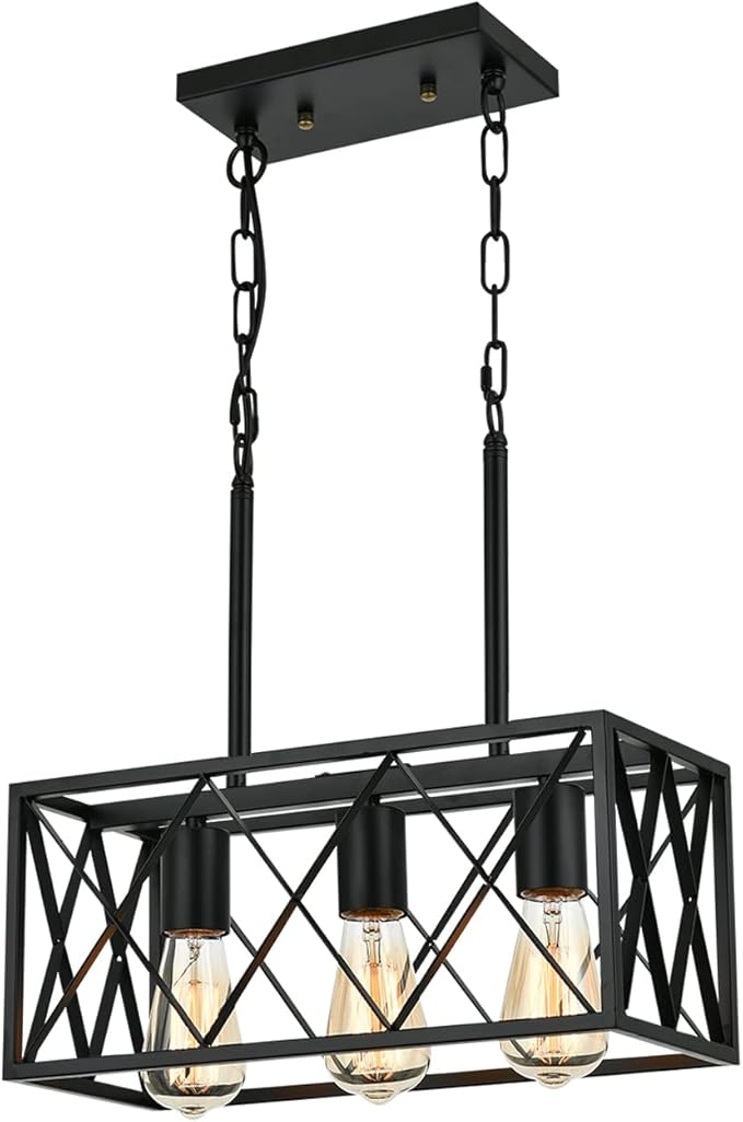 KEESFU Black Farmhouse Kitchen Island Lighting, 3 Lights Pendant Lighting Fixtures, Adjustable Height, Industrial Dining Room Light for Living Room Foyer Dining Table Over Sink.