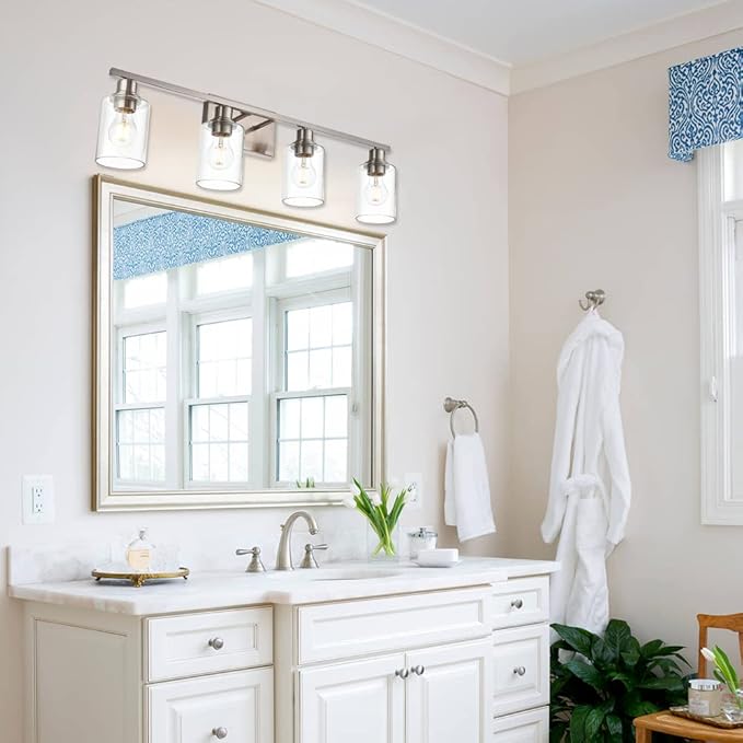 VINLUZ Industrial Brushed Nickel Wall Sconce with Clear Glass Shade and Metal Base,4 Light Bathroom Vanity Lighting Fixture Over Mirror for Dressing Table