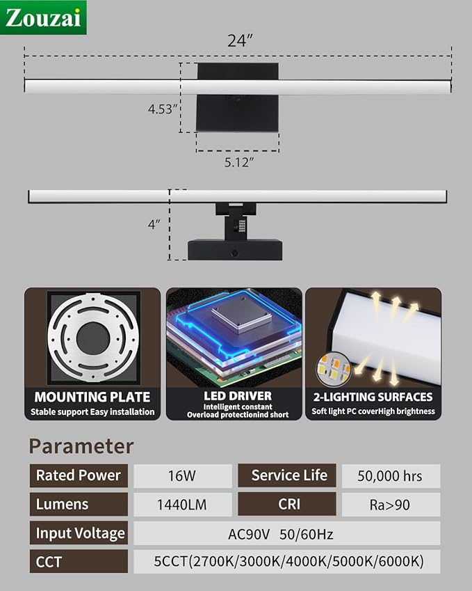 zouzai Second Generation Modern LED Bathroom Vanity Light Bar Black IP44 Over Mirror Bath Wall Fixture 5CCT Adjustable, Dual-Sided, 180° Adjustable Angle (24 inch)