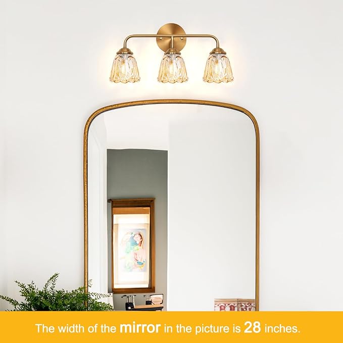 Daunton Vintage 3 Light Vanity Light, Gold Bathroom Vanity Light, Bathroom Light Fixtures with AmberGlass Shade, Antique Vanity Light Fixtures Over Mirror, Wall Sconce for Bedroom, Living Room