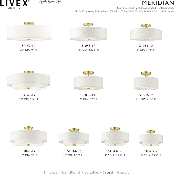 Livex Lighting 51055-12 Meridian Collection 4-Light Semi Flush Mount Ceiling Light with Off-White Hardback Fabric Shade, Satin Brass