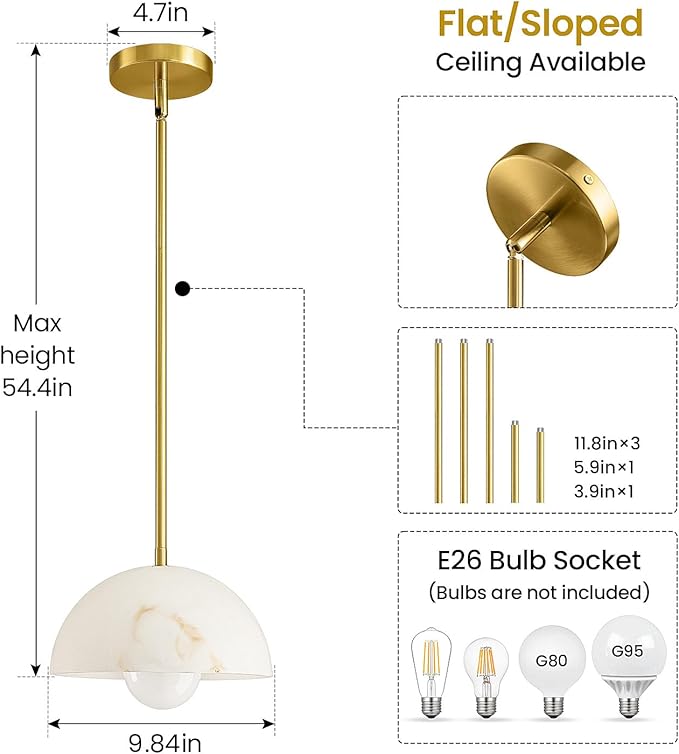Modern Pendant Light Fixtures: 10 Inch Resin Shade Mid Century Chandelier - Adjustable Gold Pendant Lighting for Kitchen Island Living Room Hallway