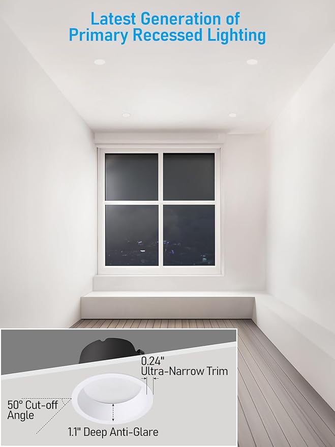 TORCHSTAR 4 Inch 5CCT LED Anti Glare LED Recessed Lights with J-Box, Narrow Trim Recessed Ceiling Light, Deep Trim Canless Downlight, Dimmable, CRI 90, 2700-5000K Selectable, ETL T24 FCC, Pack of 4