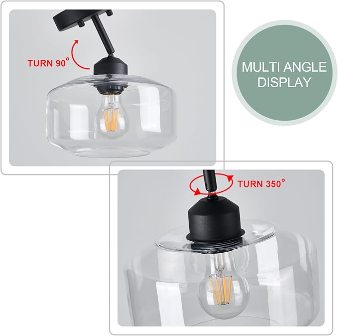 TeHenoo Matte Black Semi Flush Mount Light with Clear Glass Shade, Adjustable for Sloped Ceilings for Kitchen,Hallway,Living Room